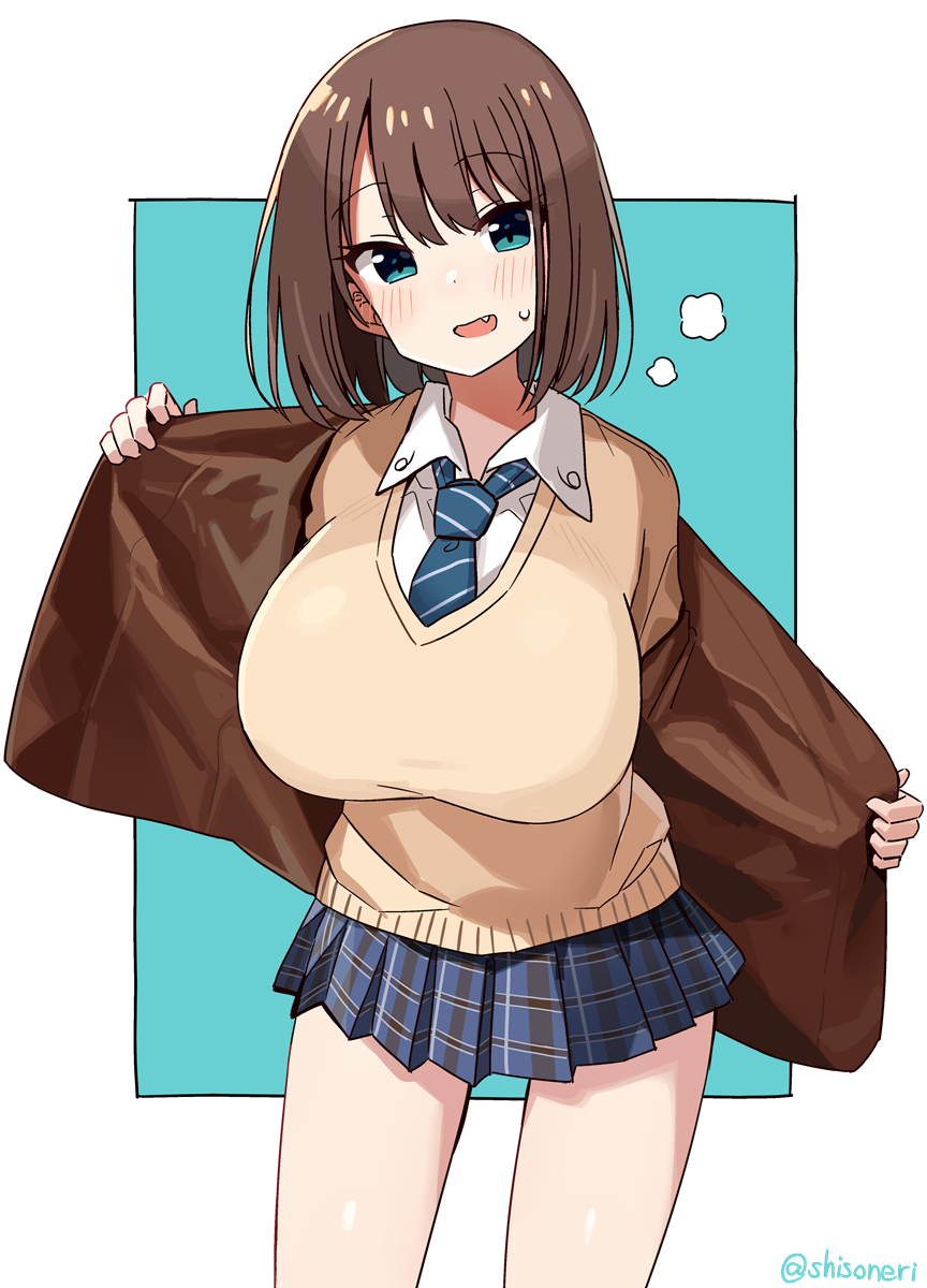 1girl artist_name blazer blue_necktie blue_skirt blush breasts brown_hair brown_jacket brown_sweater collared_shirt cowboy_shot fang green_eyes highres hot jacket large_breasts medium_hair necktie open_clothes open_jacket open_mouth plaid_clothes plaid_necktie plaid_skirt pleated_skirt sagging_breasts saki_(manga) school_uniform shirt shisoneri simple_background skirt steam steaming_body sweat sweater thighs twitter_username unozawa_shiori v-neck white_background white_shirt