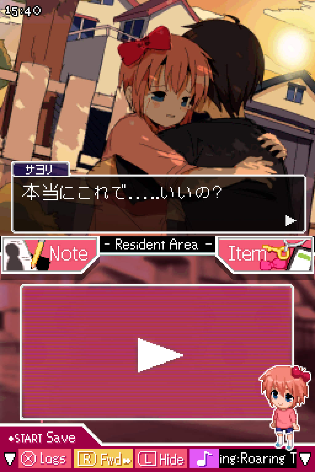 1boy 1girl ace_attorney bendedede black_hair blue_eyes bow chibi commentary crying crying_with_eyes_open doki_doki_literature_club english_commentary evening hair_bow handheld_game_console highres hug nintendo_ds orange_hair outdoors pixel_art protagonist_(doki_doki_literature_club) red_bow sad scene_reference short_hair symbol-only_commentary tears translation_request user_interface