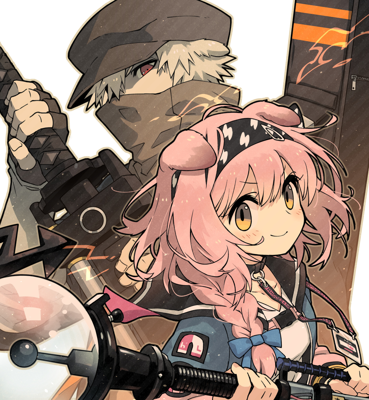 animal_ears arknights black_hairband black_headwear blue_bow blue_dress blush bow bracelet newsboy_cap cat_ears cat_girl coat collarbone dress eyeshadow fingerless_gloves fingernails floppy_ears glass gloves goldenglow_(arknights) grey_eyeshadow hair_between_eyes hairband hat highres holding holding_staff holding_sword holding_weapon id_card jacket jewelry long_sleeves looking_at_viewer makeup mask morini_ochiteru multicolored_coat multicolored_jacket outline pink_coat pink_jacket red_(npc)_(arknights) red_eyes sheath shirt staff sword two-tone_coat two-tone_jacket unsheathing weapon white_background white_hair white_shirt white_sleeves yellow_eyes zipper
