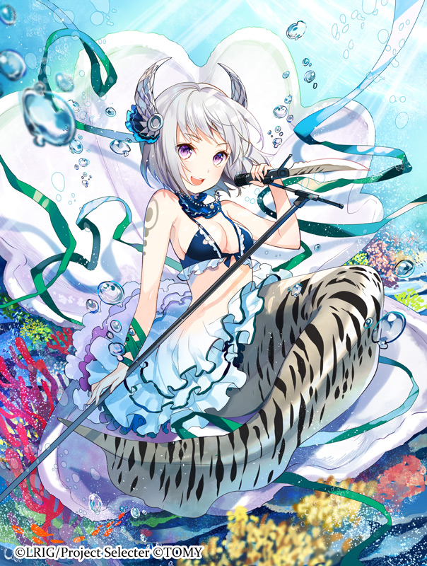 10s 1girl blush breasts bubble cleavage company_name copyright_name female_focus holding holding_knife holding_weapon knife large_breasts looking_at_viewer official_art open_mouth purple_eyes silver_hair smile solo underwater weapon wixoss yuzuki_kihiro