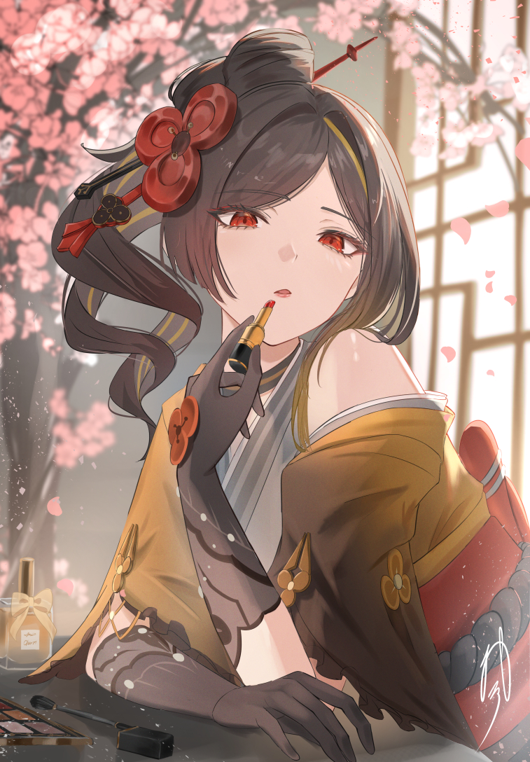1girl applying_lipstick applying_makeup arm_rest bare_shoulders black_gloves blonde_hair bottle brown_hair cherry_blossoms chiori_(genshin_impact) commentary cosmetics english_commentary falling_petals genshin_impact gloves grey_kimono hair_ornament hair_stick hand_up holding holding_lipstick_tube japanese_clothes kimono lipstick_tube long_hair looking_at_viewer makeup_brush makeup_palette multicolored_hair nail_polish_bottle oiro_ik parted_lips perfume_bottle petals red_eyes signature solo streaked_hair upper_body window
