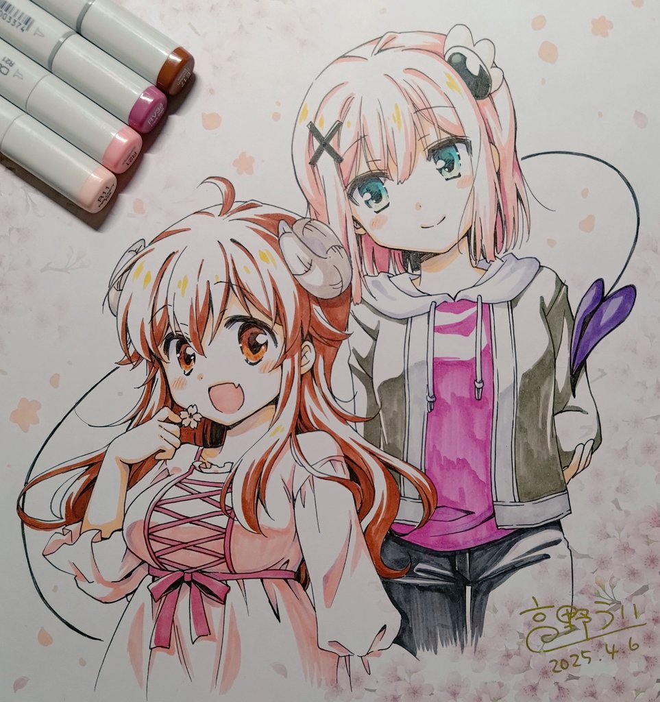 2girls ahoge aqua_eyes arms_behind_back brown_eyes cherry_blossom_background cherry_blossoms chiyoda_momo corset cross-laced_clothes cross-laced_corset curled_horns dated demon_horns demon_tail denim dress expressive_tail fang grey_hoodie hair_between_eyes hair_ornament holding holding_petal hood hoodie horns jeans long_hair looking_at_another looking_at_viewer machikado_mazoku marker_(medium) medium_hair multiple_girls open_mouth pants pen_(medium) petals pink_corset pink_dress pink_hair pink_shirt red_hair shirt signature skin_fang smile tail takano_ui traditional_media upper_body winged_hair_ornament x_hair_ornament yoshida_yuuko_(machikado_mazoku)