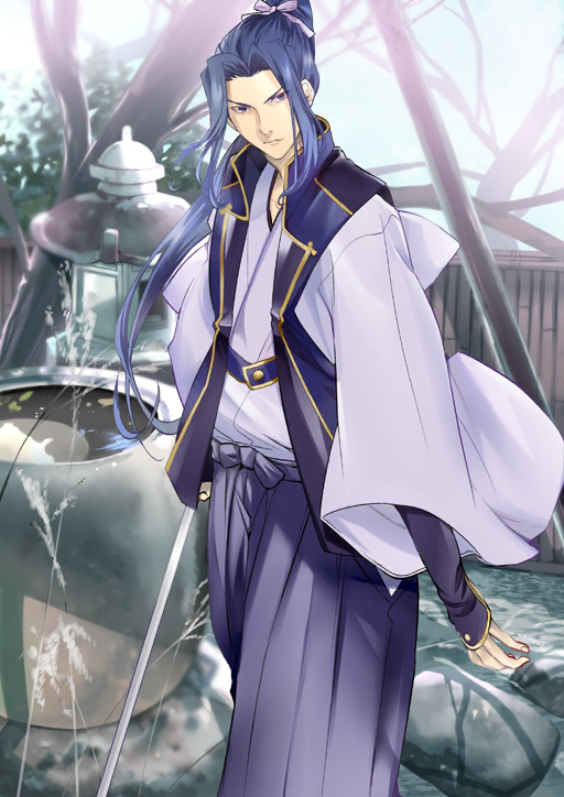 1boy azuazuazu19 closed_mouth curtained_hair fate/grand_order fate_(series) feet_out_of_frame hair_ribbon hakama hakama_pants holding holding_sword holding_weapon japanese_clothes kataginu katana kimono long_hair long_sleeves looking_at_viewer male_focus monohoshizao_(fate) official_art outdoors pants ponytail purple_eyes purple_hair purple_hakama purple_kimono purple_ribbon revision ribbon sasaki_kojirou_(fate) sidelocks solo standing sword third-party_source v-shaped_eyebrows variant_set weapon wide_sleeves