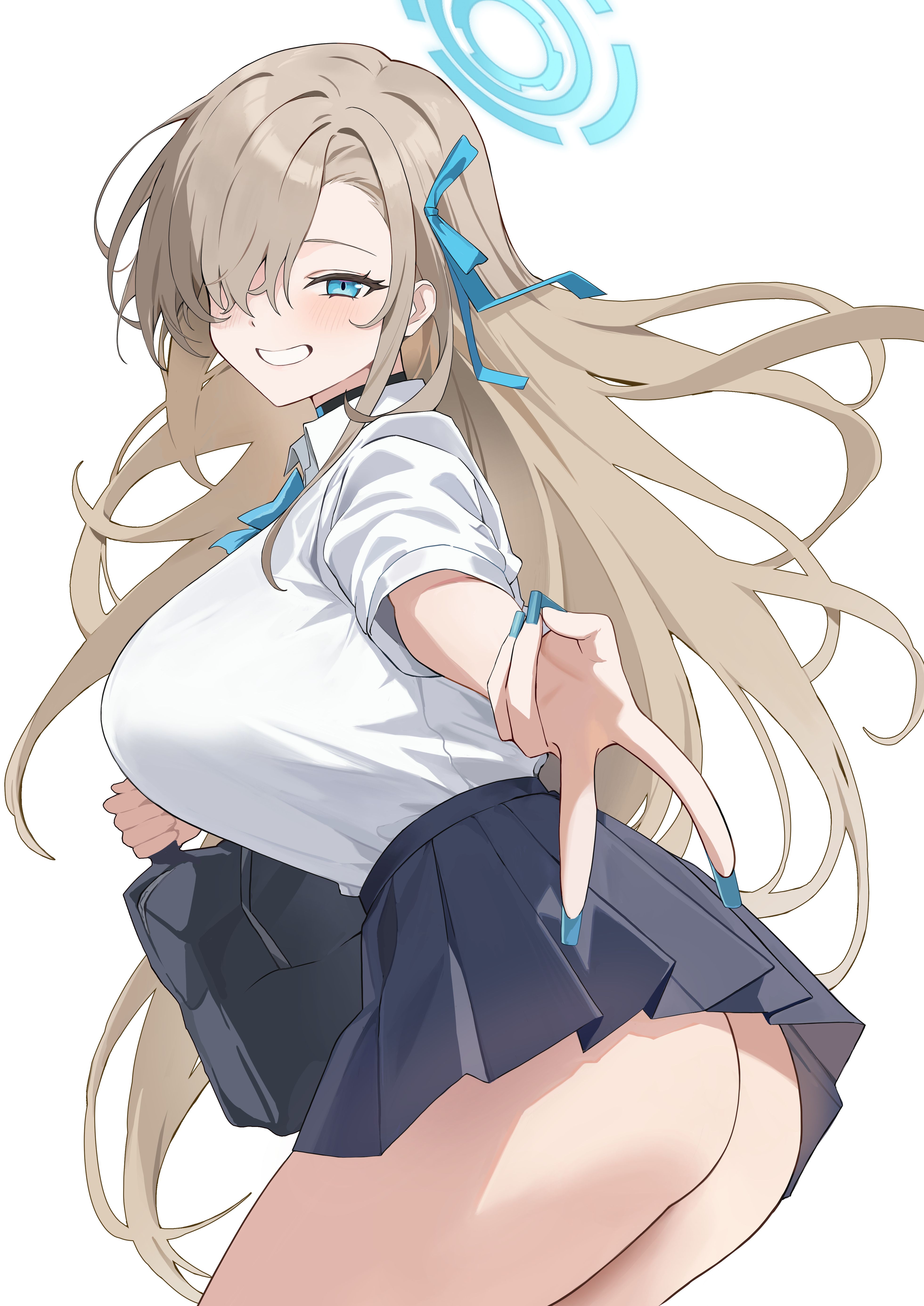 1girl absurdres ass asuna_(blue_archive) bag black_choker black_skirt blonde_hair blue_archive blue_eyes blue_nails bow bowtie breasts choker collared_shirt cone_(arca_live) cowboy_shot from_side grin hair_over_one_eye hair_ribbon halo highres large_breasts long_hair looking_at_viewer miniskirt nail_polish outstretched_arm pleated_skirt ribbon school_bag school_uniform shirt shirt_tucked_in skirt smile solo v very_long_hair white_shirt
