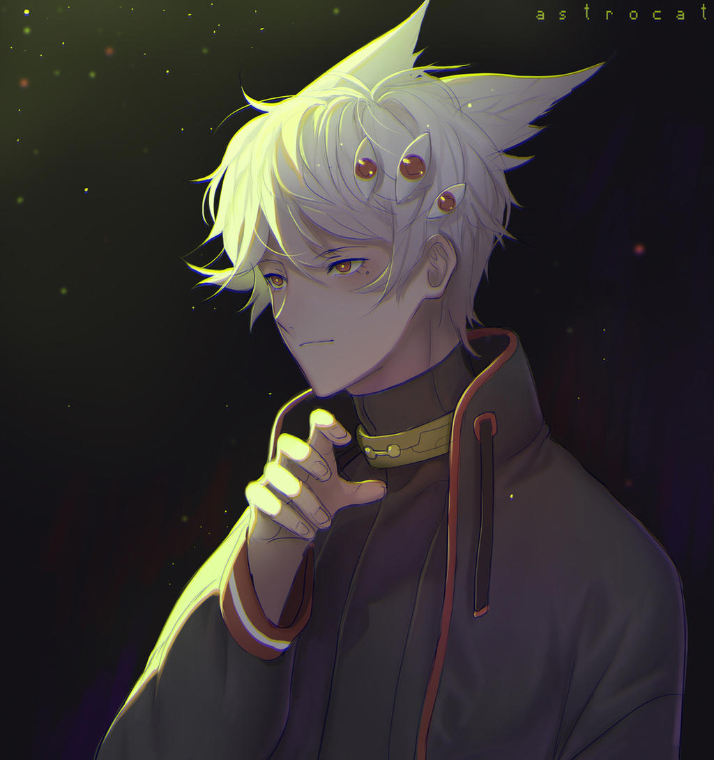 1boy animal_ears artist_name astrocatsama black_background black_jacket black_shirt black_sleeves cat_ears choker closed_mouth collared_jacket eye_hair_ornament fingernails hair_between_eyes hand_up high_collar jacket light_blush light_particles long_sleeves looking_ahead male_focus mole mole_under_eye open_clothes open_jacket orange_eyes original pointy_nose shirt short_hair simple_background solo turtleneck unova_(astrocatsama) upper_body white_hair yellow_choker