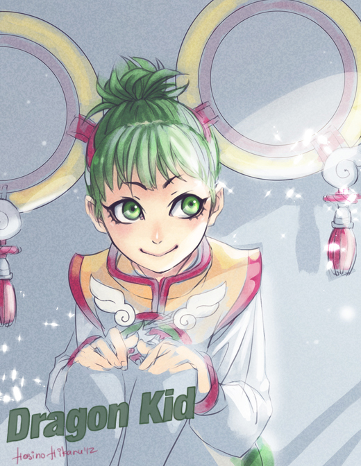10s 1girl adapted_costume bad_id bad_pixiv_id chinese_clothes dragon_kid female_focus green_eyes green_hair hair_up hat hosino_hikaru huang_baoling matching_hair/eyes ponytail short_hair short_ponytail signature solo superhero_costume tiger_&amp;_bunny