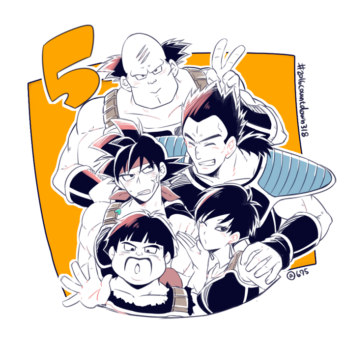 1girl 4boys :&gt; armor bald bardock black_hair bruise bruised_eye dragon_ball dragonball_z closed_eyes facial_hair scar_on_face gloves grin hashtag injury mouth_hold multiple_boys muscular mustache one_eye_closed open_mouth panbukin_(dragon_ball) partially_colored rochiko_(bgl6751010) scar scar_on_cheek scar_on_face seripa short_hair smile toma_(dragon_ball) torn_clothes toteppo v white_background