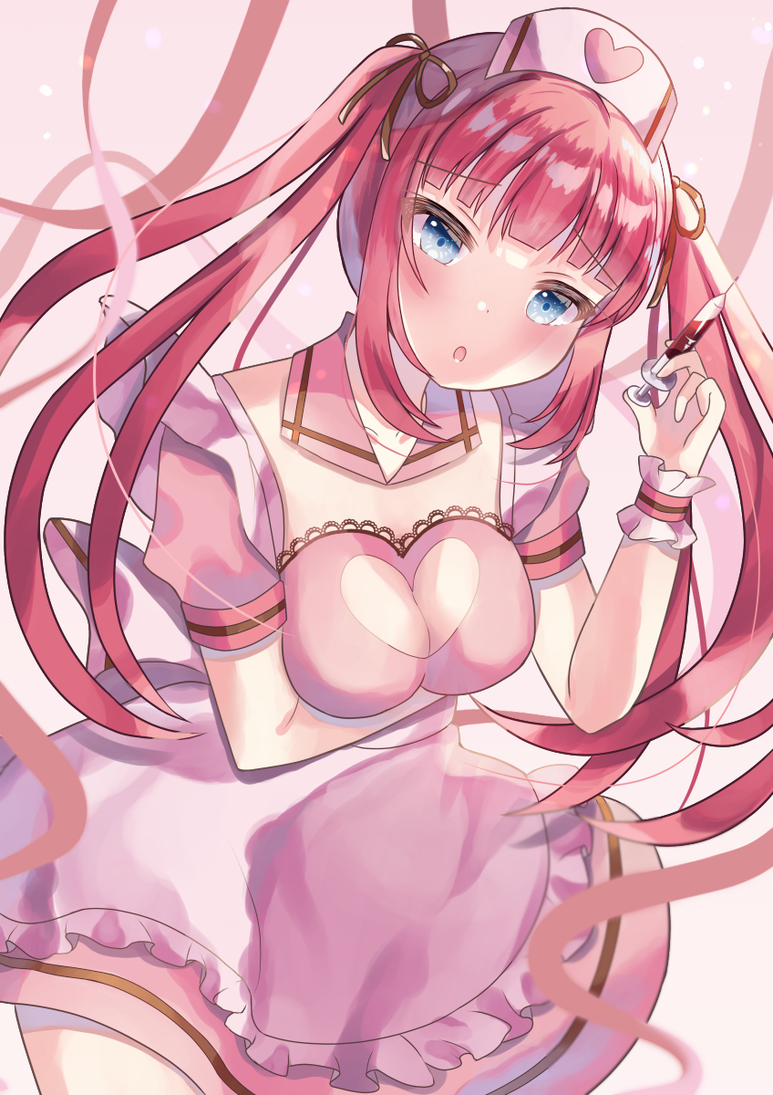 1girl blood blue_eyes blush breasts choker doctor hair_ornament happy headdress heart heart_hair_ornament heart_headband highres long_hair looking_at_viewer medium_breasts miniskirt moe2021 nurse open_mouth original oumiya_hinari pink_background pink_hair pink_skirt red_ribbon ribbon short_sleeves skirt smile solo syringe twintails