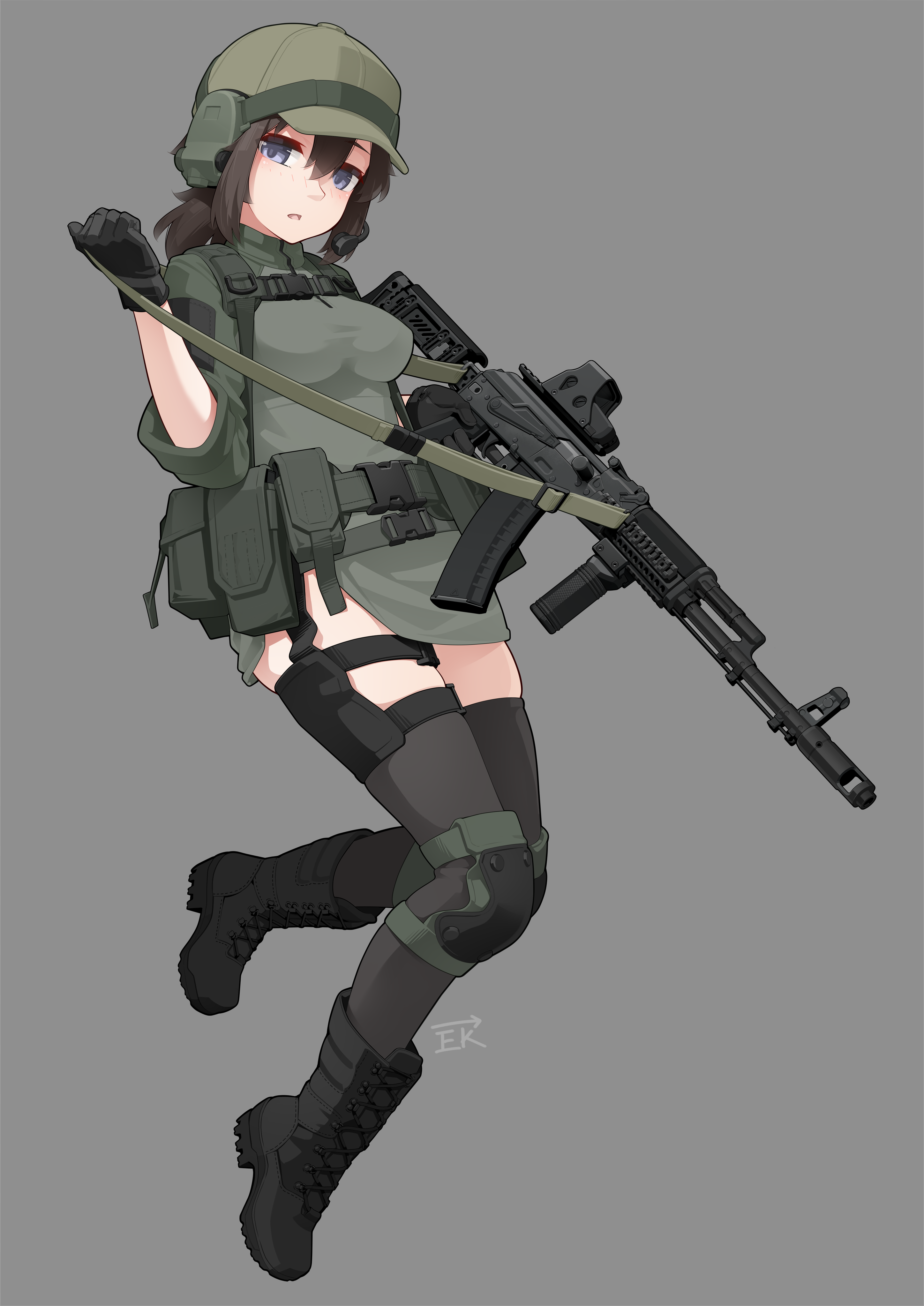 1girl absurdres ak-74m assault_rifle belt blue_eyes boots breasts brown_hair commentary dress full_body gloves grey_background gun hat headphones highres impossible_clothes kalashnikov_rifle knee_pads lace-up_boots leg_holster long_hair low_ponytail open_mouth original ponytail rifle solo tactical_clothes thighhighs vectorek weapon