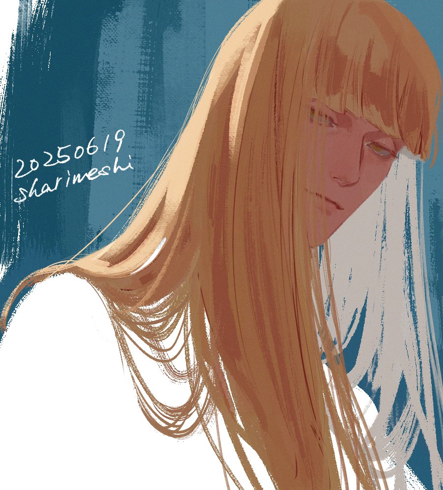 1boy artist_name bleach blonde_hair blunt_bangs closed_mouth dated hirako_shinji long_hair looking_at_viewer male_focus nose sharimeshi solo yellow_eyes