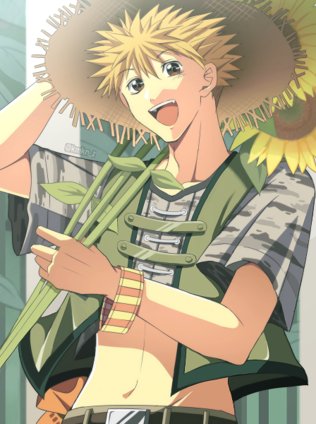1boy amano_ginji artist_name bad_id bad_pixiv_id blonde_hair brown_eyes flower getbackers hat kmkn_z leaf male_focus midriff navel open_mouth solo straw_hat sunflower teeth