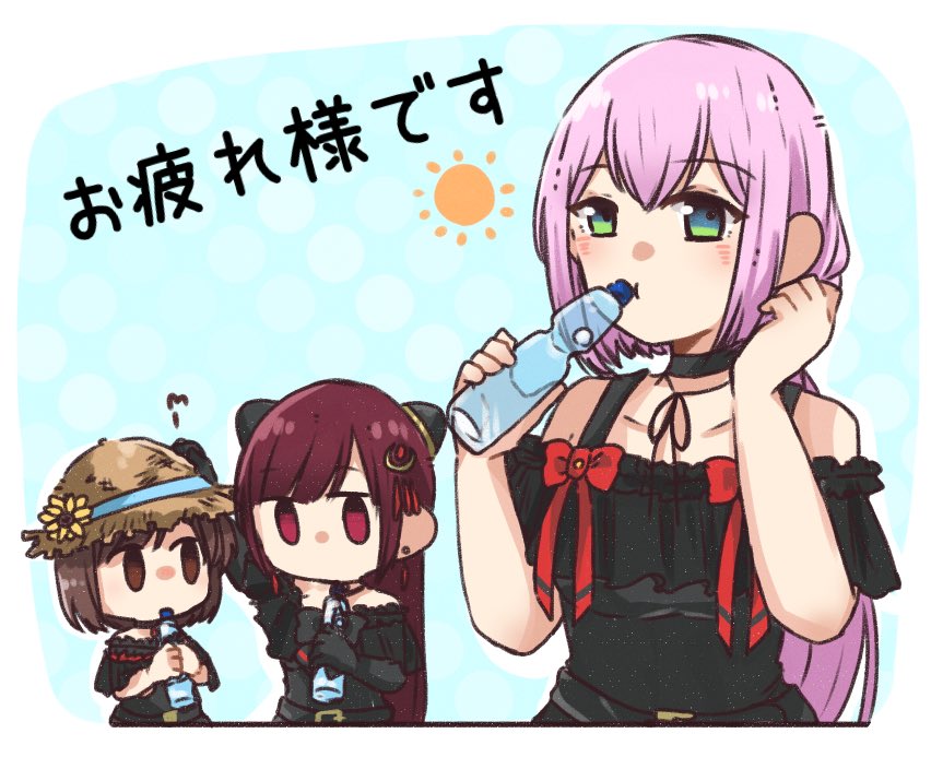 3girls :t puff_of_air arm_up assault_lily bare_shoulders belt belt_buckle black_belt black_choker black_dress black_gloves black_ribbon blue_background blue_eyes border bottle bow brown_eyes brown_hair brown_headwear buckle chibi choker closed_mouth commentary dress dress_bow drinking earrings elbow_gloves flower frilled_dress frilled_sleeves frills gloves gozen_(assault_lily) gradient_eyes green_eyes hair_ornament hairpods hand_in_own_hair hand_on_another&#039;s_head hand_up hands_up hat hat_flower headpat holding holding_bottle jewelry l_(assault_lily) light_blush long_hair looking_at_another looking_at_viewer multicolored_eyes multiple_girls neck_ribbon nigari_(ngari_0115) no_mouth pink_hair polka_dot polka_dot_background ramune red_bow red_eyes red_hair ribbon rounded_corners short_hair short_sleeves standing straw_hat sun_symbol sunflower toda_eulalia_kotohi translated upper_body white_border yellow_flower