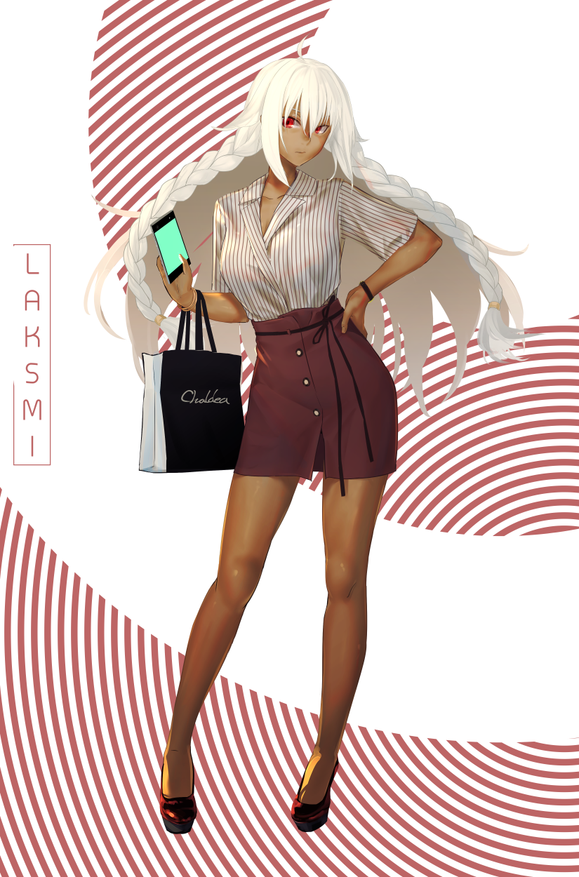 1girl bracelet braid brown_footwear cellphone dark-skinned_female dark_skin fate/grand_order fate_(series) female_focus full_body hand_on_own_hip high_heels highres i-pan jewelry lakshmibai_(fate) long_hair phone platform_footwear platform_heels red_eyes skirt smartphone solo very_long_hair white_hair