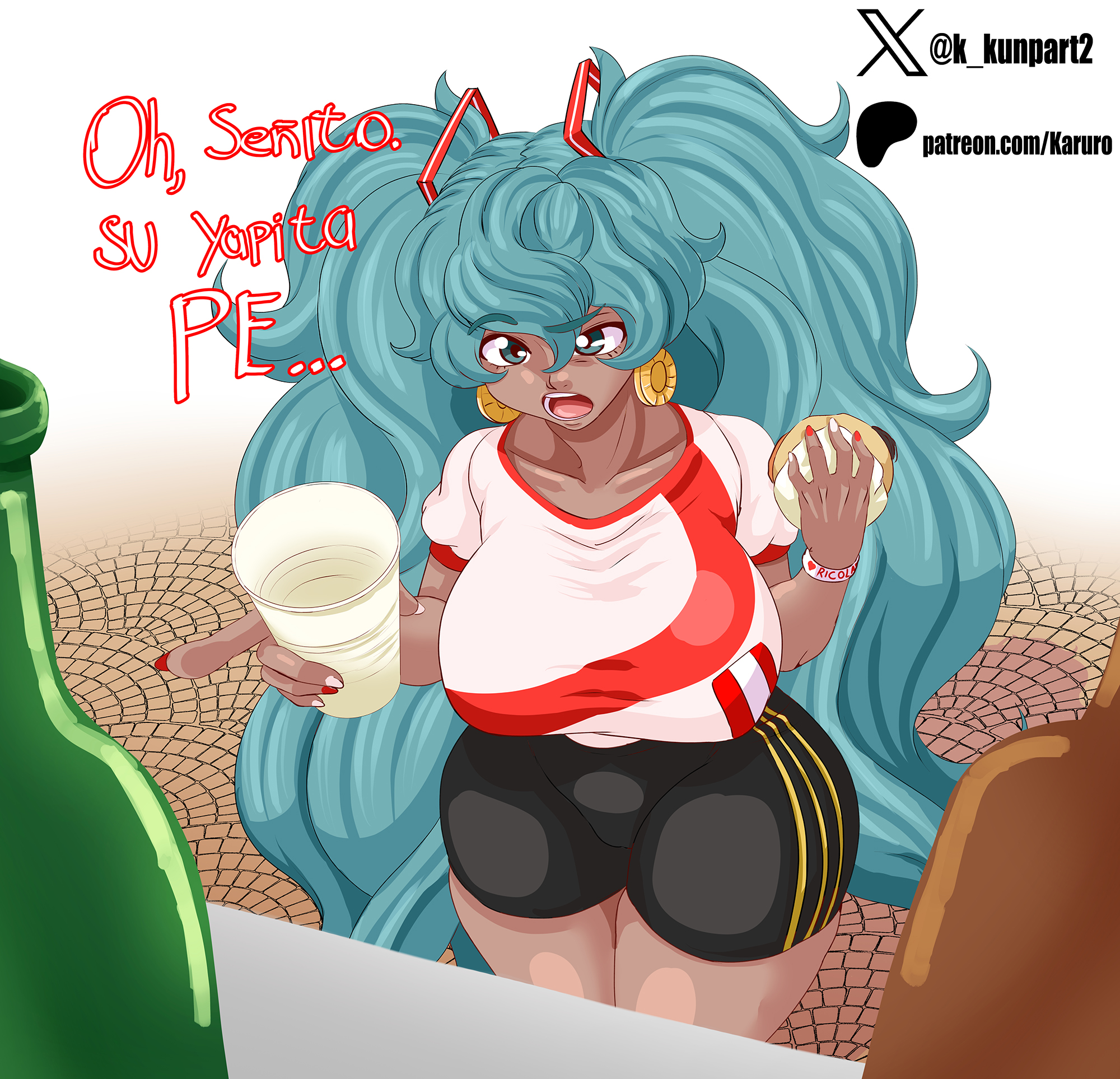 1girl absurdly_long_hair aqua_eyes aqua_hair borrowed_design breasts curvy dark-skinned_female dark_skin drink earrings food hatsune_miku highres holding holding_drink holding_food hoop_earrings jewelry karuro-kun large_breasts long_hair open_mouth peru peruvian_miku solo spanish_text standing translation_request twintails very_long_hair vocaloid wide_hips