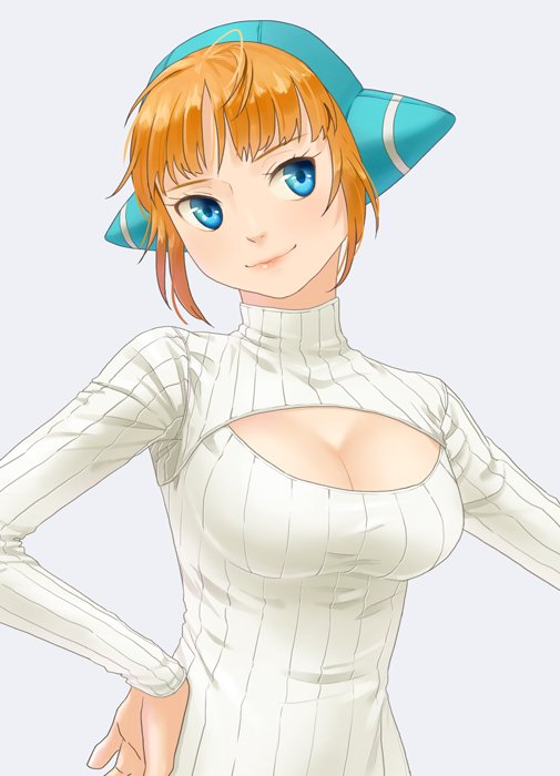 1girl animal_hood blue_eyes breasts breath_of_fire breath_of_fire_v cat_hood cleavage cleavage_cutout closed_mouth clothing_cutout hood lin_(breath_of_fire) lips looking_at_viewer matsuoka meme_attire orange_hair ribbed_sweater short_hair smile solo sweater turtleneck turtleneck_sweater virgin_killer_sweater