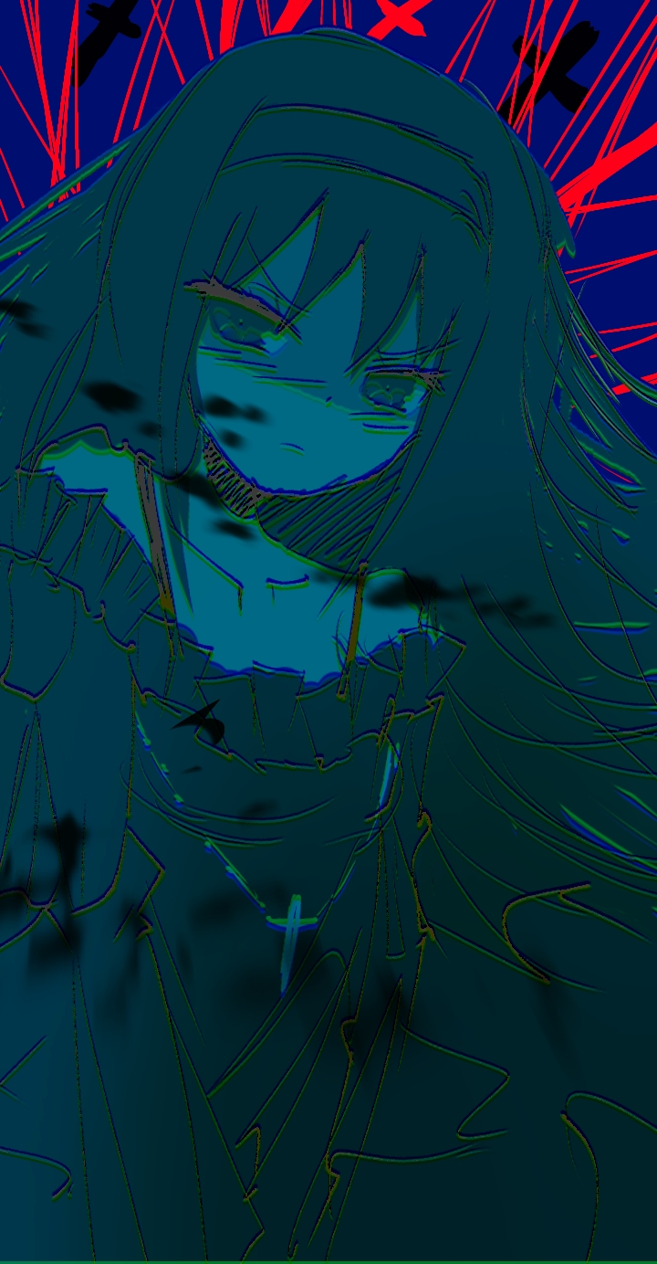 1girl akemi_homura argyle_clothes argyle_footwear argyle_pantyhose argyle_thighhighs blood blood_on_face blood_splatter christianity dayan7_ariel fortissimo hairband highres holy_quintet homu long_hair looking_at_viewer mahou_shoujo_madoka_magica mahou_shoujo_madoka_magica_(anime) short_hair solo soul_gem