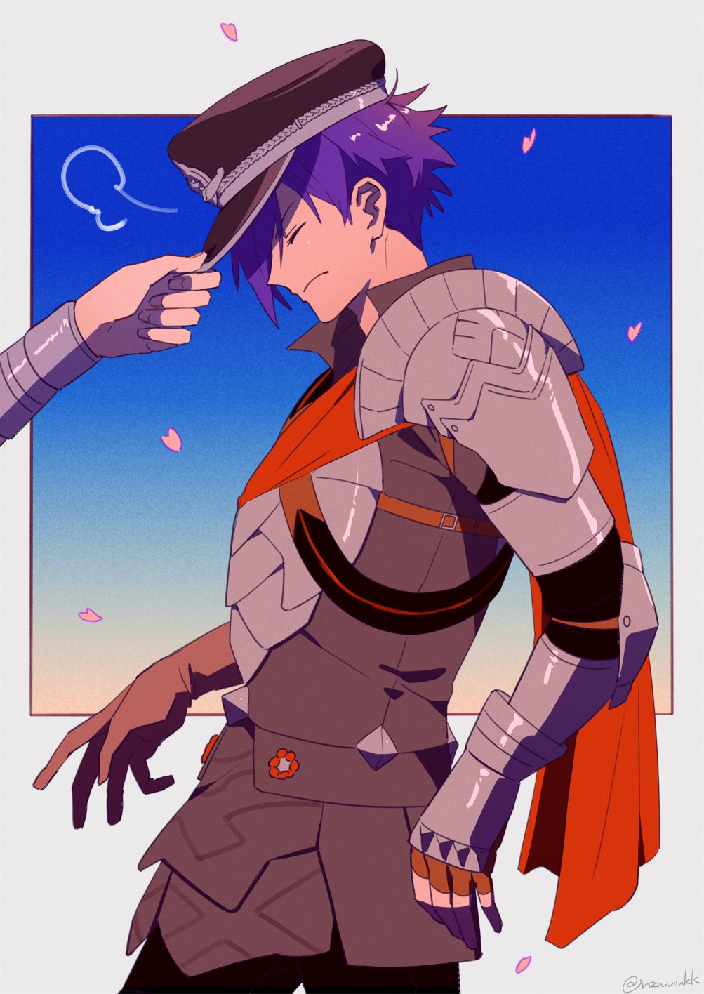 1boy 1girl armor black_hat black_shirt breastplate cape closed_eyes closed_mouth collared_shirt commentary_request falling_petals faulds female_byleth_(fire_emblem) fire_emblem fire_emblem:_three_houses fire_emblem_warriors:_three_hopes frown hat highres male_focus male_shez_(fire_emblem) nintendo nzmnnkk out_of_frame outstretched_arm parted_bangs pauldrons peaked_cap petals popped_collar profile puff_of_air purple_hair red_cape shirt short_hair shoulder_armor solo standing