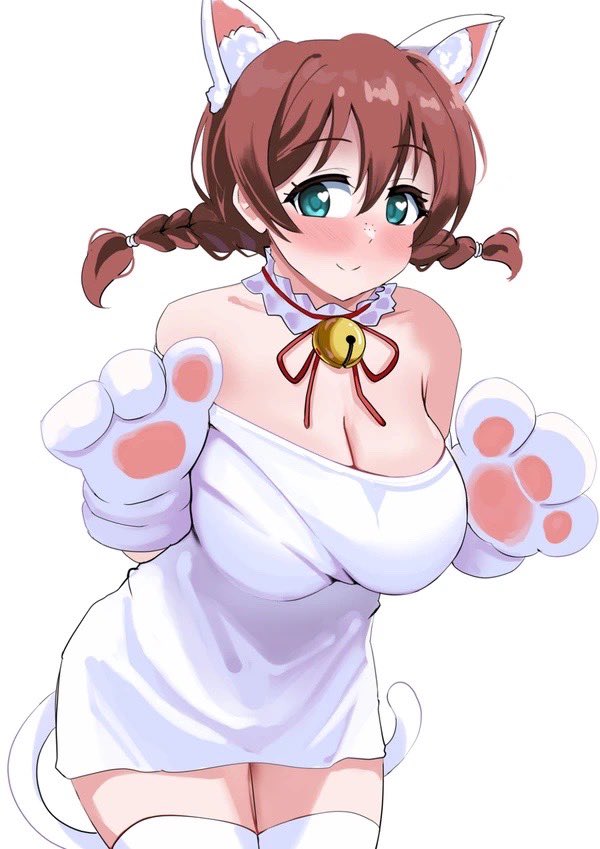 1girl animal_ears aqua_eyes bell blush braid breasts brown_hair cat_day cat_ears cat_paw cleavage closed_mouth commentary_request dress freckles hair_between_eyes large_breasts looking_at_viewer love_live! love_live!_nijigasaki_high_school_idol_club neck_bell pisagi simple_background smile solo standing thighhighs twin_braids white_background white_dress white_thighhighs