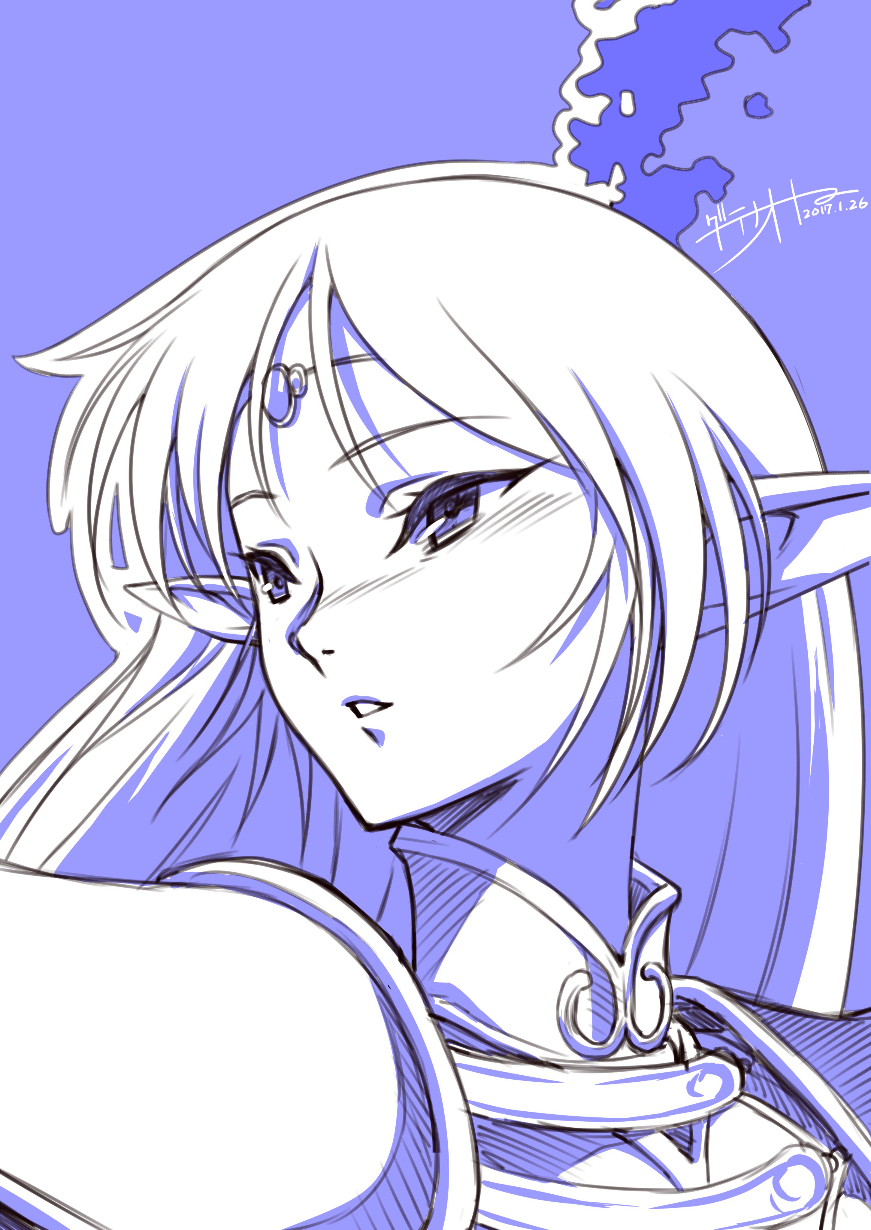 1990s_(style) 1girl absurdres armor circlet date_naoto dated deedlit elf greyscale highres long_hair looking_to_the_side monochrome pointy_ears record_of_lodoss_war retro_artstyle shoulder_armor signature solo very_long_hair