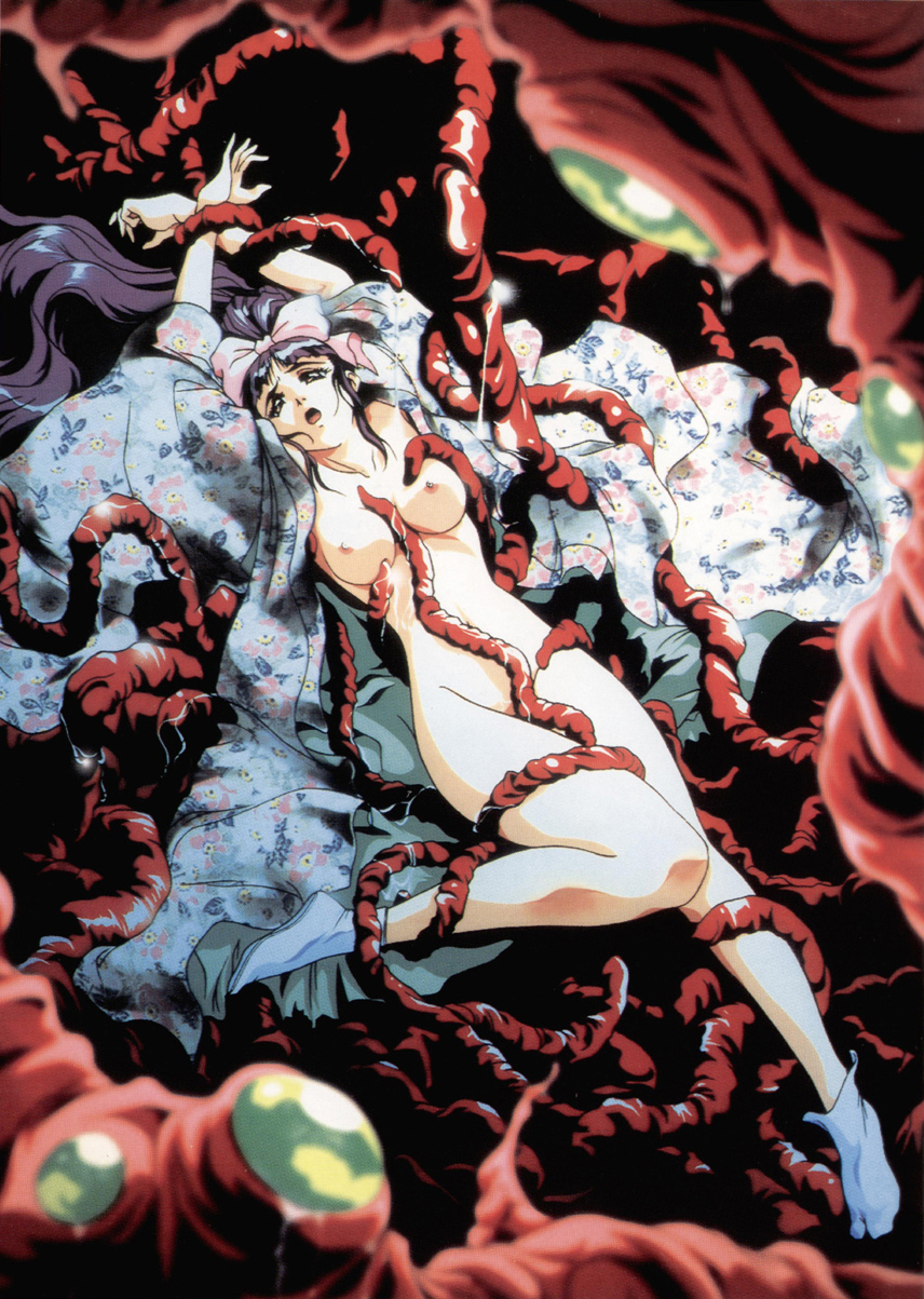 1980s_(style) 1990s_(style) 1girl breasts female_focus highres injuu_gakuen_la_blue_girl long_hair long_sleeves medium_breasts midou_miko nipples oldschool open_mouth purple_hair restrained retro_artstyle rin-sin solo tabi tentacles