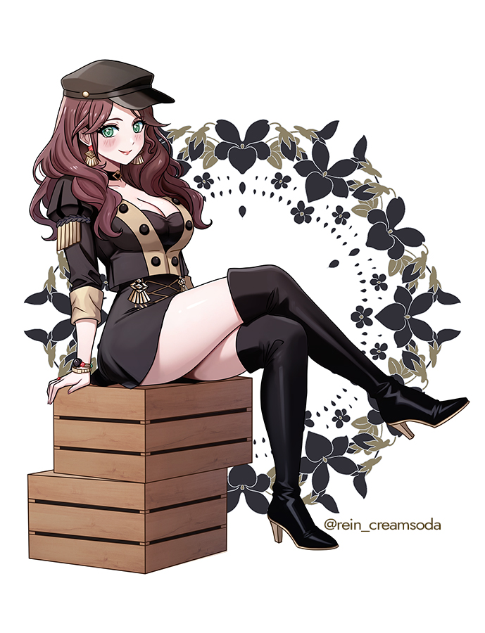 1girl black_boots black_choker blush boots box breasts brown_hair choker cleavage closed_mouth crate crossed_legs dorothea_arnault earrings fire_emblem fire_emblem:_three_houses garreg_mach_monastery_uniform green_eyes hat high_heel_boots high_heels jewelry large_breasts long_hair long_sleeves looking_at_viewer nintendo on_box rein_creamsoda sitting sitting_on_box smile solo thigh_boots