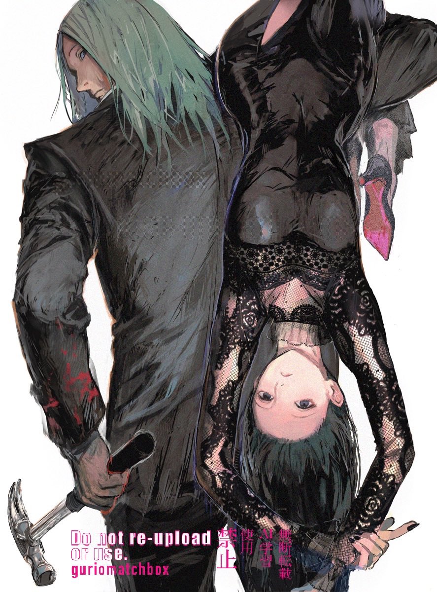 1boy 1girl artist_name assassin black_coat black_dress black_hair black_nails blank_stare blonde_hair breasts carrying_upside coat dress fishnet_dress fishnet_sleeves fishnets forehead grey_eyes grey_hair guri_otoko hammer high_heels highres looking_at_viewer nail_polish osaragi_(sakamoto_days) patterned_clothing sakamoto_days scar scar_on_chin scar_on_face see-through_clothes see-through_dress see-through_sleeves shishiba_(sakamoto_days) small_breasts stiletto_heels upside-down upside-down_head white_background