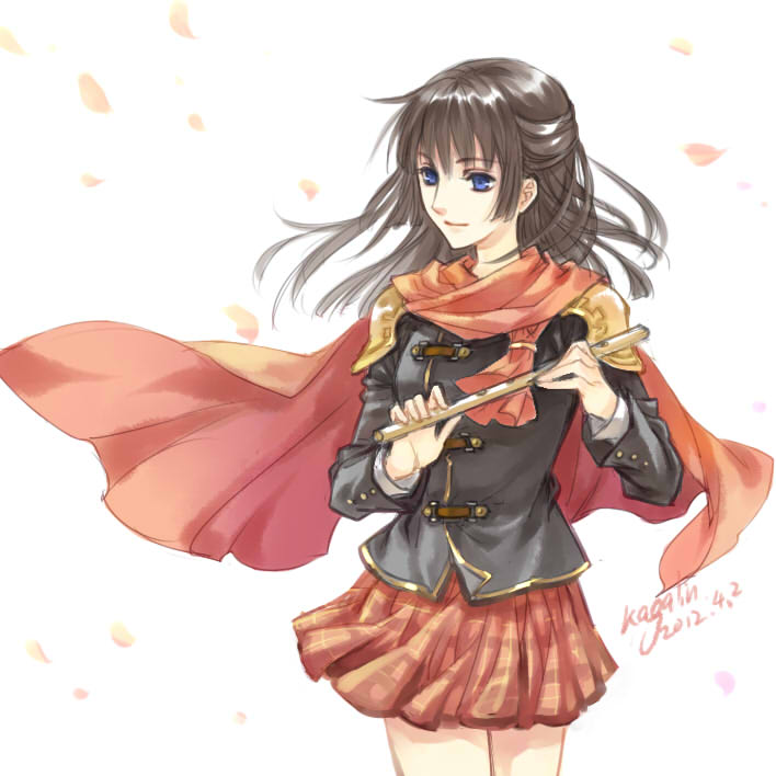 1girl bad_id bad_pixiv_id blue_eyes brown_hair cape dated deuce_(fft-0) female_focus final_fantasy final_fantasy_type-0 flute instrument kaga kagalin long_hair miniskirt petals signature skirt solo
