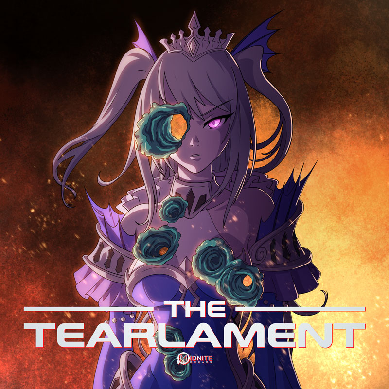 1girl artist_logo bare_shoulders bullet_hole commentary detached_sleeves duel_monster english_commentary english_text fusion gameplay_mechanics glowing glowing_eyes grey_hair king_of_the_swamp logo midnite_dreams missing_eye parody parted_lips pink_eyes solo tearlaments_scheiren terminator_(series) terminator_2:_judgment_day tiara twintails yu-gi-oh!