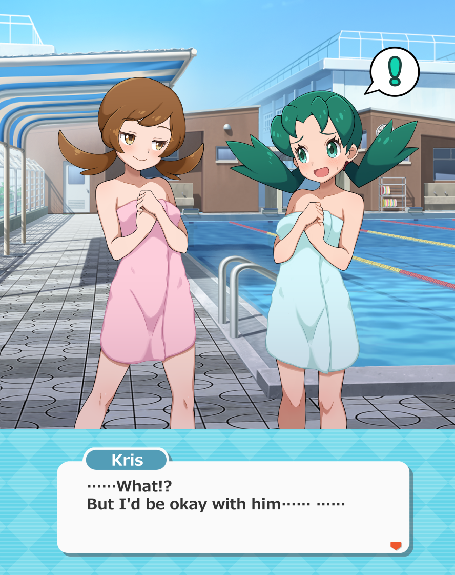 ! 2girls blue_sky brown_eyes brown_hair character_name creatures_(company) english_text female_focus game_freak green_eyes green_hair in-franchise_crossover kohatsuka kris_(pokemon) looking_at_another lyra_(pokemon) matching_hair/eyes multiple_girls naked_towel nintendo outdoors paid_reward_available pokemon pokemon_gsc pokemon_hgss pokemon_masters_ex pool poolside sky standing towel twintails variant_set