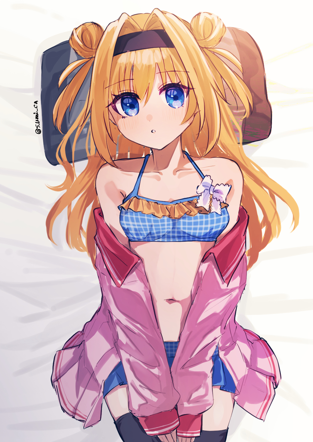 1girl bare_shoulders bikini black_hairband black_thighhighs blonde_hair blue_bikini blue_eyes blush bow bow_bikini breasts ch2sh chitose_sana collarbone commentary cowboy_shot double_bun english_commentary eyes_visible_through_hair frilled_bikini frills from_above hair_between_eyes hair_bun hair_intakes hair_spread_out hairband halterneck head_on_pillow highres long_hair long_sleeves looking_at_viewer lying miniskirt navel on_back open_clothes open_shirt open_skirt parted_lips pillow pink_serafuku pink_shirt pink_skirt plaid_bikini plaid_clothes school_uniform serafuku shirt skirt small_breasts solo swimsuit swimsuit_under_clothes tenshinranman thighhighs twitter_username two_side_up v_arms white_bow