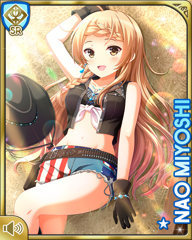 1girl :d american_flag_shorts black_gloves blue_shorts boots braid brown_boots brown_eyes brown_hair brown_vest card_medium) character_name cowboy_boots cowboy_clothes cowboy_hat day denim denim_shorts girlfriend_(kari) gloves hat long_hair lying miyoshi_nao official_art on_back open_mouth outdoors qp:flapper shirt shorts smile solo tagme tied_shirt vest white_shirt