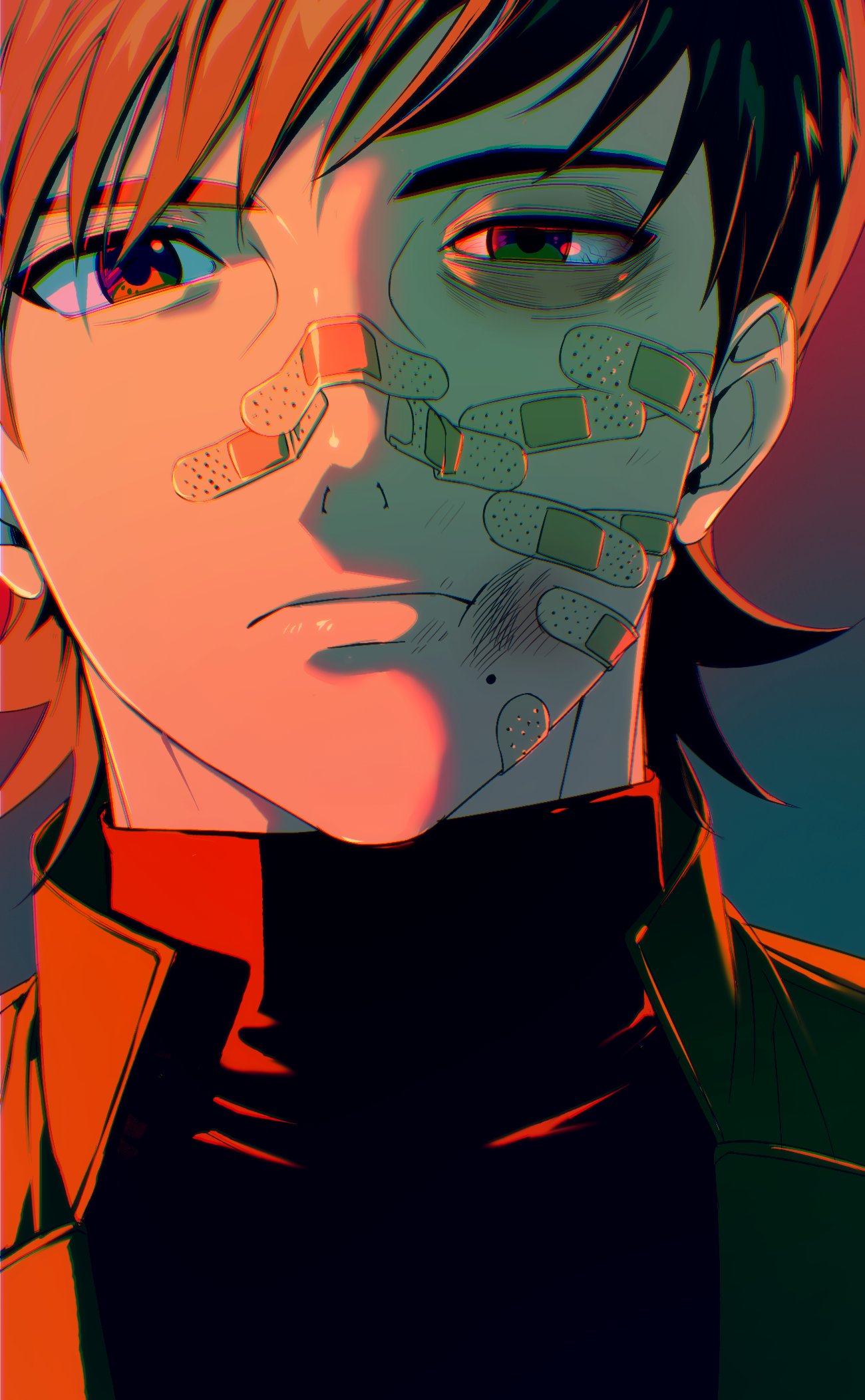 1boy bandaid bandaid_on_cheek bandaid_on_face bandaid_on_nose blue_background brown_hair bruise bruise_on_cheek bruised_eye close-up commentary gradient_background green_eyes gundam gundam_gquuuuuux highres injury looking_at_viewer male_focus mole mole_under_mouth red_background shirt short_hair simple_background solo symbol-only_commentary turtleneck xavier_olivette yang_gallae