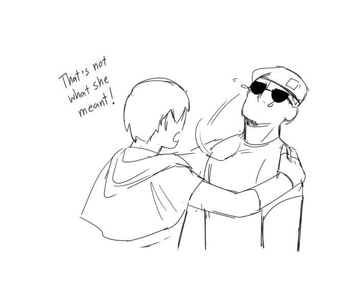 1boy 1girl beret craig_boone english_text fallout fallout:_new_vegas greyscale hat hood hood_down hooded_jacket jacket milramemo monochrome shirt short_sleeves shoulder_grab simple_background sunglasses tears veronica_santangelo white_background