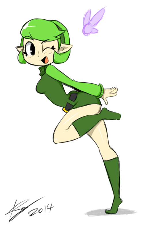 1girl ;) ass bigdead black_eyes boots breasts fairy female_focus full_body green_boots green_hair kokiri nintendo one_eye_closed pointy_ears running saria_(zelda) short_hair small_breasts smile solo the_legend_of_zelda the_legend_of_zelda:_ocarina_of_time unitard white_background