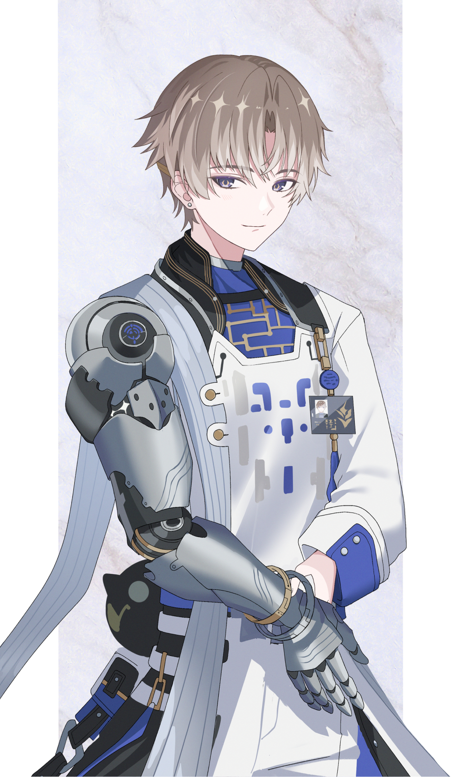1boy blue_eyes blue_shirt brown_hair closed_mouth coat commentary_request cowboy_shot earrings hair_between_eyes highres holding_own_wrist id_card jewelry kaerunrun looking_at_viewer male_focus mechanical_arms mechanical_hands pangu_terminal_(wuthering_waves) pants parted_bangs partial_commentary shirt short_hair single_mechanical_arm single_mechanical_hand smile solo stud_earrings tacet_mark_(wuthering_waves) white_coat white_pants wuthering_waves xiangli_yao