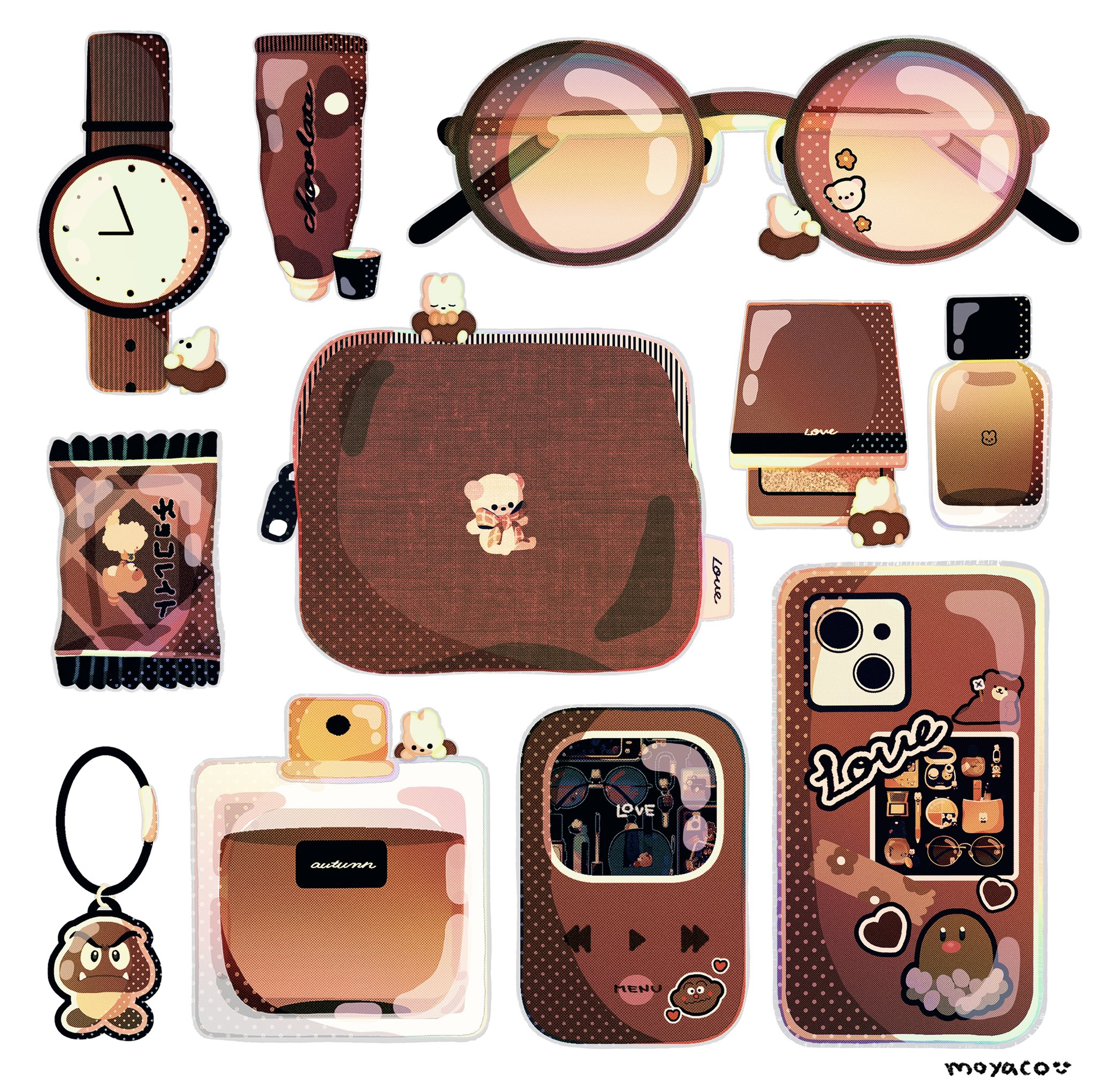 artist_name bottle brown_theme cellphone cellphone_charm charm_(object) commentary compact_(cosmetics) cosmetics creature digital_media_player diglett english_commentary english_text flower gen_1_pokemon goomba heart highres ipod moyaco no_humans original ornate_phone_case perfume_(cosmetics) perfume_bottle phone pouch signature simple_background smartphone solid_circle_eyes solid_eyes squeeze_tube sticker sunglasses translation_request watch white_background wristwatch