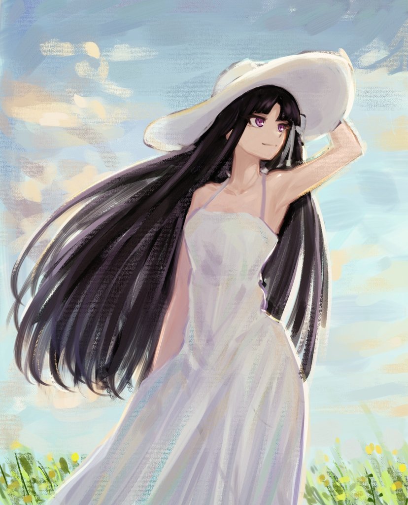 1girl arm_up armpits awa_subaru bare_arms black_hair blue_sky closed_mouth commentary day dress faux_traditional_media girls_band_cry grass hat long_hair outdoors purple_eyes sky smile solo sun_hat tomare_(akashingou) white_dress white_hat