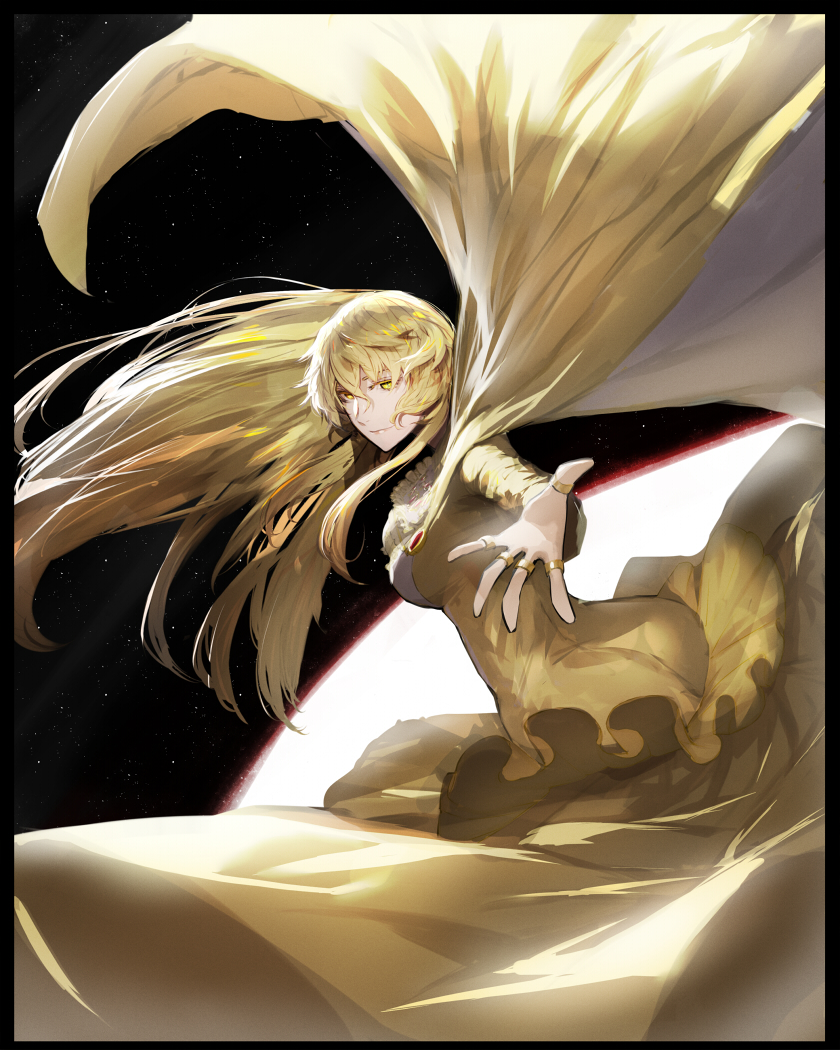 1girl ahoge blonde_hair breasts cape colored_eyelashes commission dress foreshortening gem isabeau_de_baviere_(madoka_magica) jewelry kasei_yukimitsu large_breasts lips long_dress long_hair long_sleeves magia_record:_mahou_shoujo_madoka_magica_gaiden mahou_shoujo_madoka_magica mahou_shoujo_tart_magica mature_female messy_hair multiple_rings necklace reaching reaching_towards_viewer ring royal_robe skeb_commission smile solo tall_female wavy_hair yellow_eyes