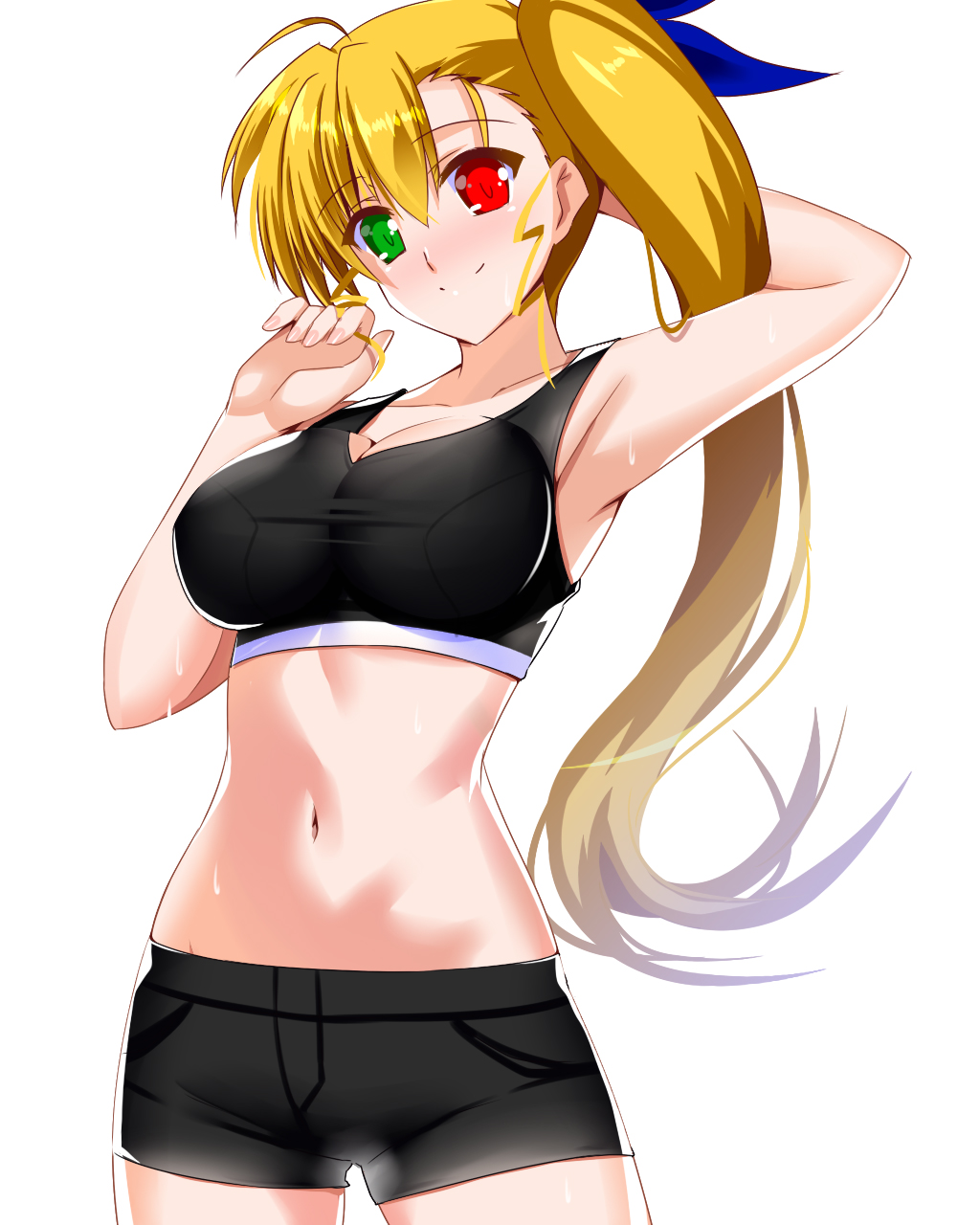 1girl armpits black_shorts black_sports_bra blonde_hair blush breasts cleavage closed_mouth collarbone engo_(aquawatery) hair_ribbon heterochromia highres large_breasts long_hair looking_at_viewer lyrical_nanoha mahou_shoujo_lyrical_nanoha_vivid navel ribbon shorts side_ponytail simple_background smile solo sports_bra sweat vivio white_background
