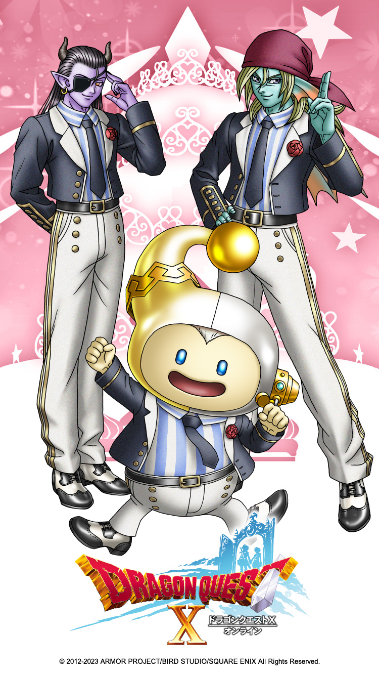 3boys arm_behind_back artist_request back_fin bandana black_hair black_horns black_jacket black_nails black_necktie blonde_hair blue_eyes blue_shirt character_request colored_skin copyright_logo copyright_name demon_boy dragon_quest dragon_quest_x earrings eyepatch fins fish_boy floating_clothes flower full_body gold_earrings hair_slicked_back hand_on_own_hip head_fins headset highres hoop_earrings horns hyuuza_(dq10) jacket jewelry long_hair looking_at_viewer male_focus multiple_boys najinn_(dragon_quest) necktie official_alternate_costume official_art official_wallpaper open_mouth pants pointy_ears purple_eyes purple_skin raised_fist red_bandana red_eyes red_flower red_rose rose salute shirt smile striped_clothes striped_shirt third-party_source two-finger_salute vertical-striped_clothes vertical-striped_shirt white_pants white_shirt widow&#039;s_peak yellow_skin