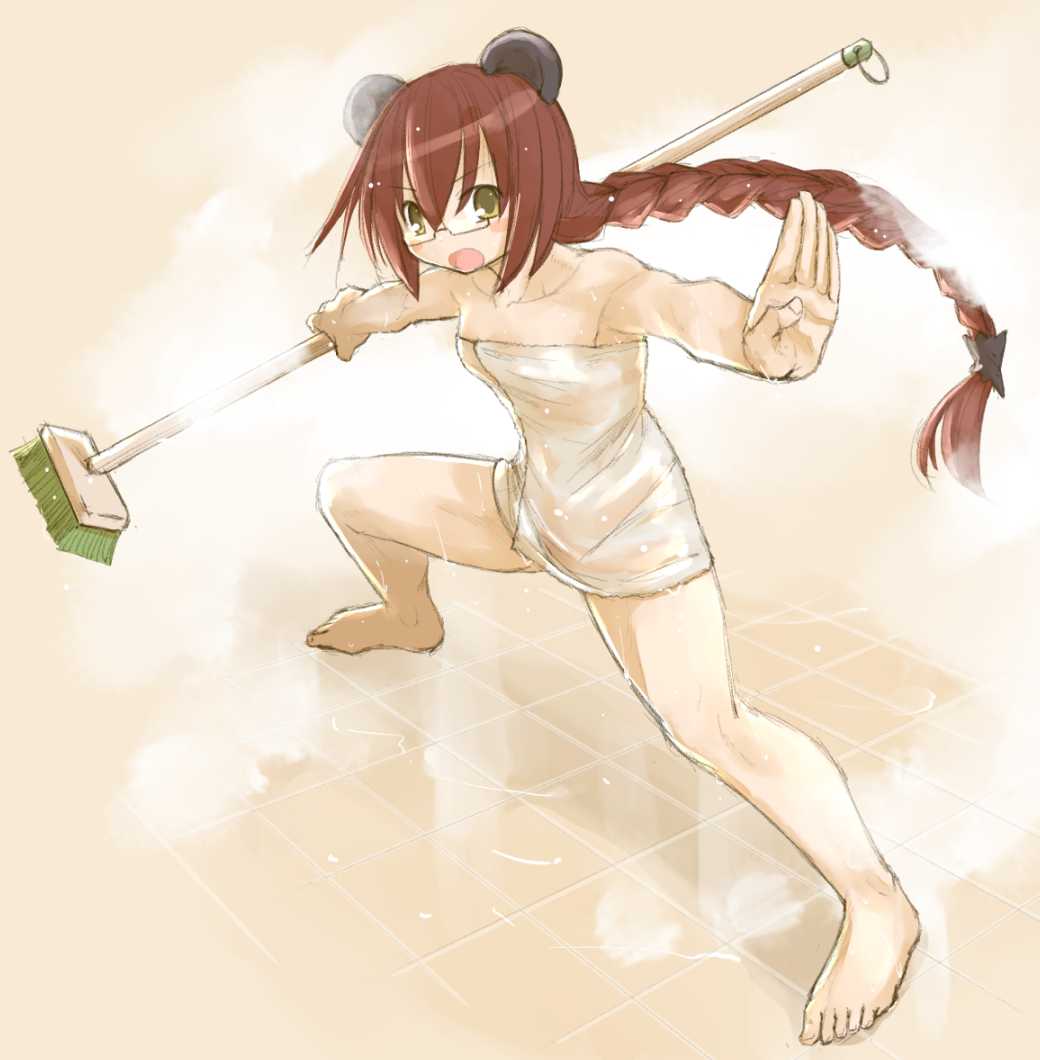 1girl animal_ears bare_shoulders barefoot bear_ears blush_stickers braid breasts broom character_request emil_chronicle_online female_focus fighting_stance full_body glasses kasuga_yukihito long_hair naked_towel open_mouth red_hair semi-rimless_eyewear single_braid small_breasts solo tile_floor tiles towel under-rim_eyewear very_long_hair wet yellow_eyes