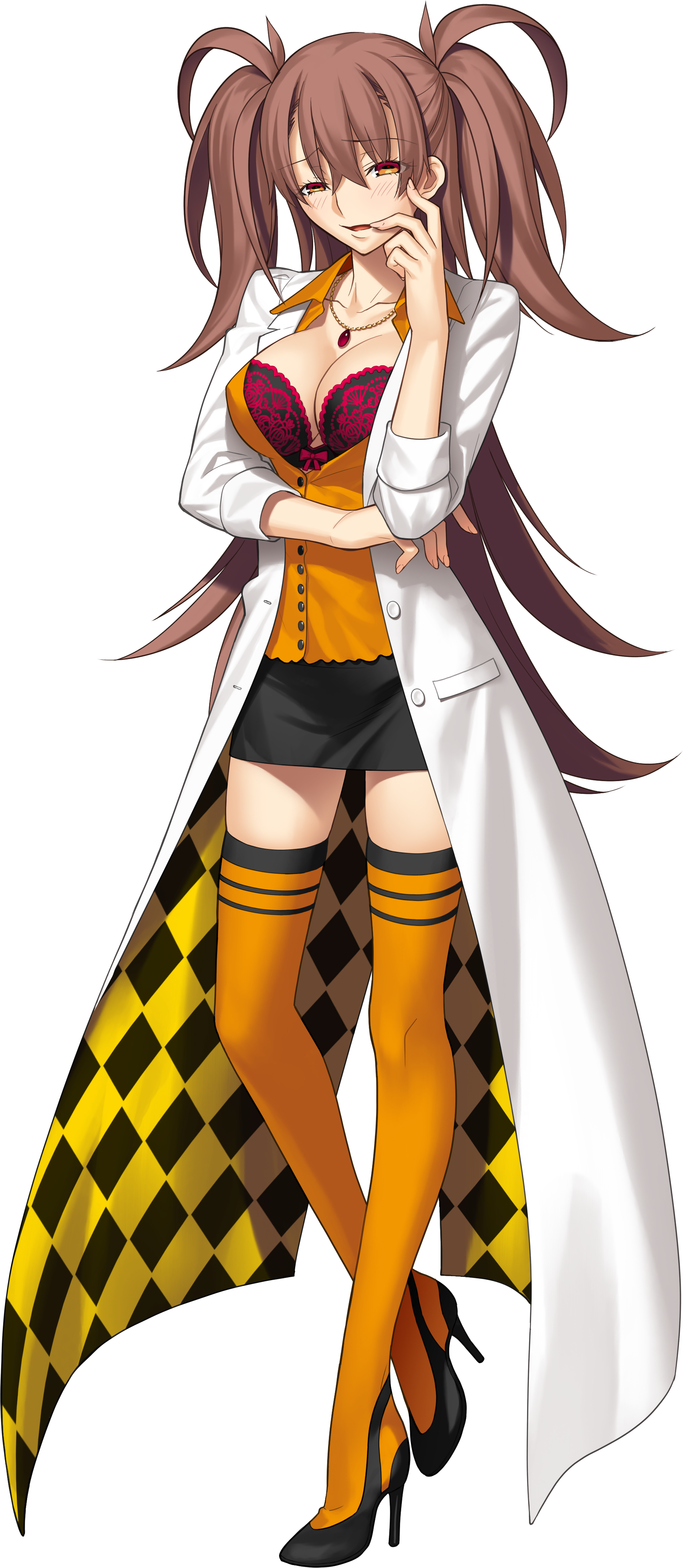 1girl absurdres blush bra breasts brown_hair dr._arach high_heels highres lab_coat lace lace_bra large_breasts long_hair looking_at_viewer naughty_face non-web_source official_art orange_vest takeuchi_takashi tsukihime tsukihime_(remake) underwear vest