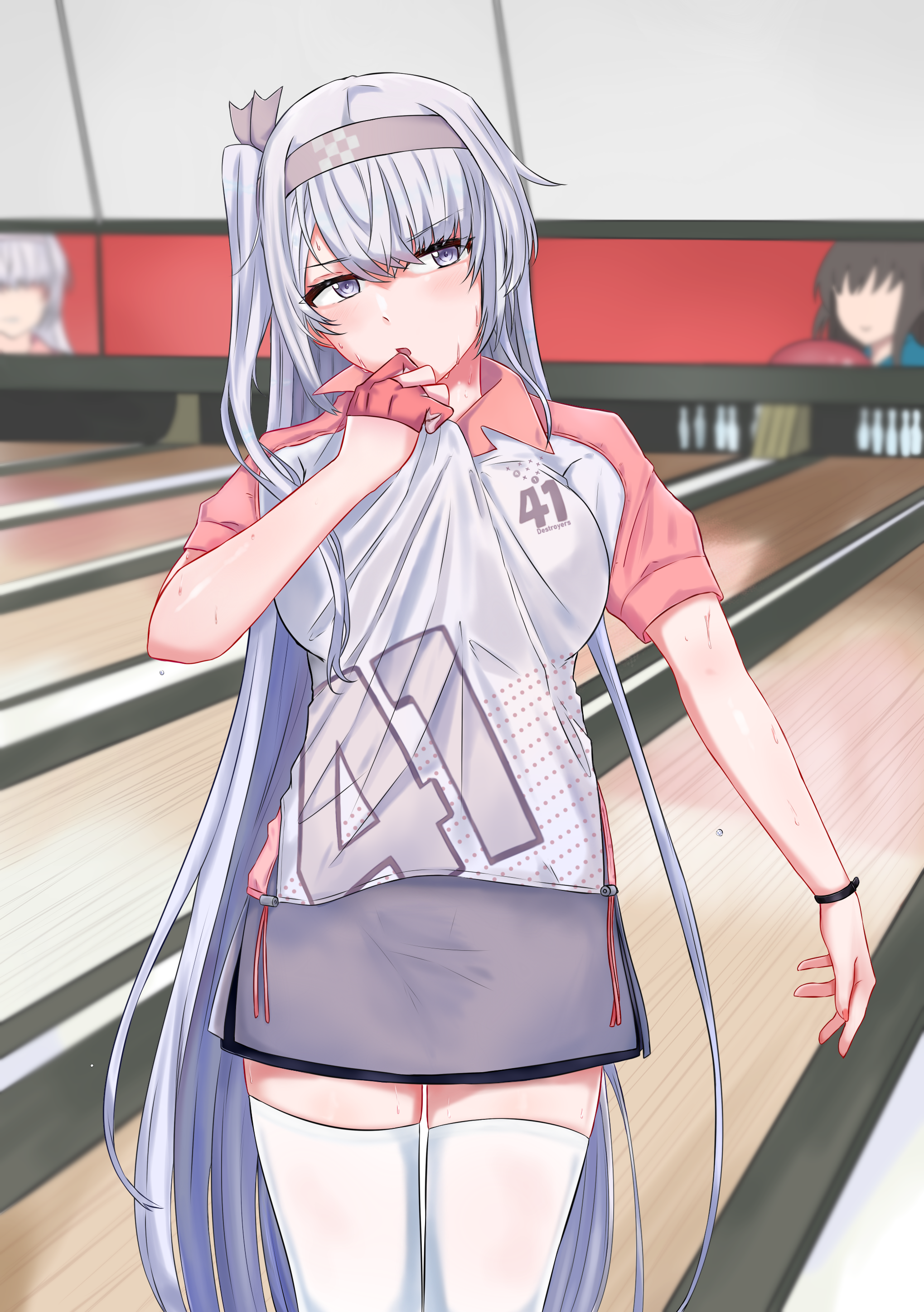 1girl absurdres bowling bowling_alley bowling_glove bowling_pin breasts fubuki_(kancolle) fubuki_(round_one)_(kancolle) fuyutsuki_(kancolle) fuyutsuki_(round_one)_(kancolle) gloves grey_eyes grey_hair grey_hairband grey_skirt hair_between_eyes hairband highres kantai_collection long_hair medium_breasts miniskirt official_alternate_costume one_side_up partially_fingerless_gloves red_gloves rukialice short_sleeves single_glove skirt solo standing thighhighs very_long_hair white_thighhighs