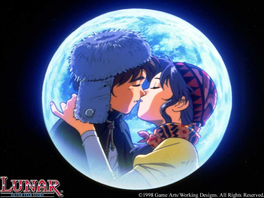 1boy 1girl alex_noah bandana blue_hair game_arts hetero kiss kubooka_toshiyuki luna_noah lunar lunar:_the_silver_star official_art official_wallpaper ponytail