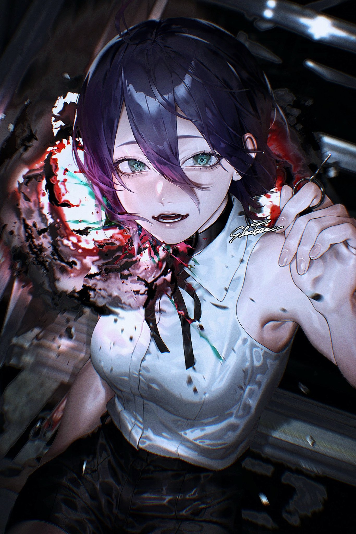 1girl armpits black_choker black_shorts blue_eyes blue_hair breasts chainsaw_man choker explosion folded_ponytail gradient_hair grenade_pin hair_between_eyes highres holding k041800 medium_breasts multicolored_hair parted_lips purple_hair reze_(chainsaw_man) shirt short_hair shorts sleeveless sleeveless_shirt solo white_shirt