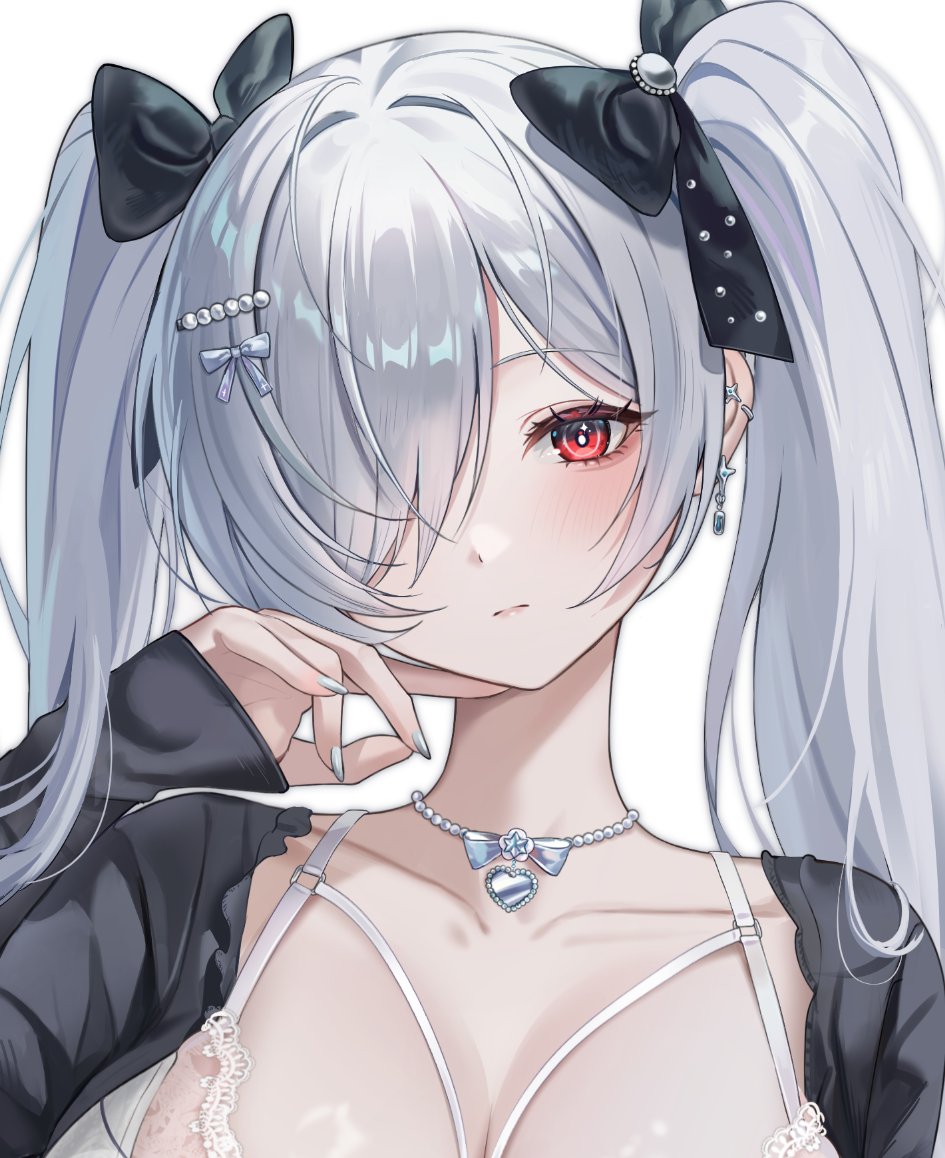 1girl alternate_costume blush bow bra breasts cinderella_(nikke) cleavage closed_mouth collarbone earrings goddess_of_victory:_nikke hair_bow hair_ornament hair_over_one_eye heart heart_necklace jewelry long_sleeves looking_at_viewer mrr_05 necklace portrait red_eyes twintails underwear white_bra