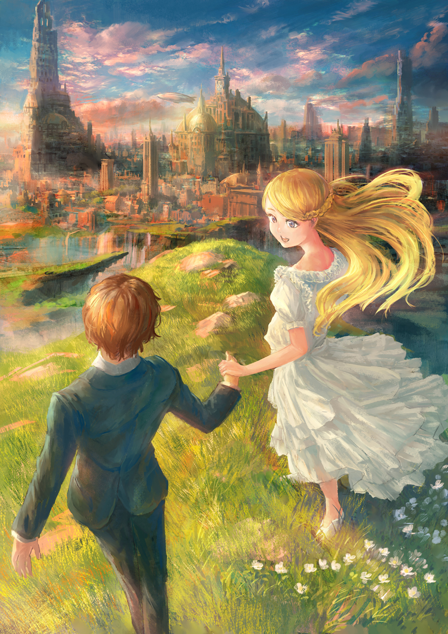 1boy 1girl :d aircraft airship blonde_hair blue_eyes blue_jacket blue_pants braid brown_hair building castle cityscape cliff cloud dome dress fantasy flower formal_clothes frilled_dress frills from_behind grass holding_hands hetero highres jacket long_hair long_sleeves looking_at_another looking_back nape open_mouth original pants puffy_short_sleeves puffy_sleeves rock scenery short_hair short_sleeves sky smile spire standing suit tower white_dress you_(shimizu)