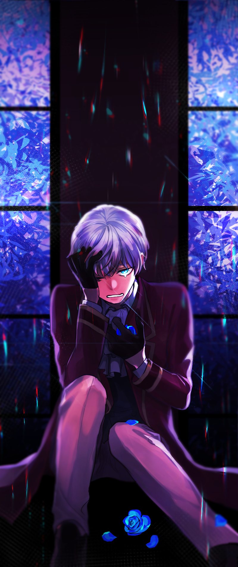 1boy ascot black_gloves blue_eyes blue_flower blue_rose dndk5656 flower gloves grey_hair highres jacket long_sleeves looking_at_viewer male_focus one_eye_closed pants petals ray_(susanghan_messenger) red_jacket rose sad short_hair sitting solo susanghan_messenger white_ascot