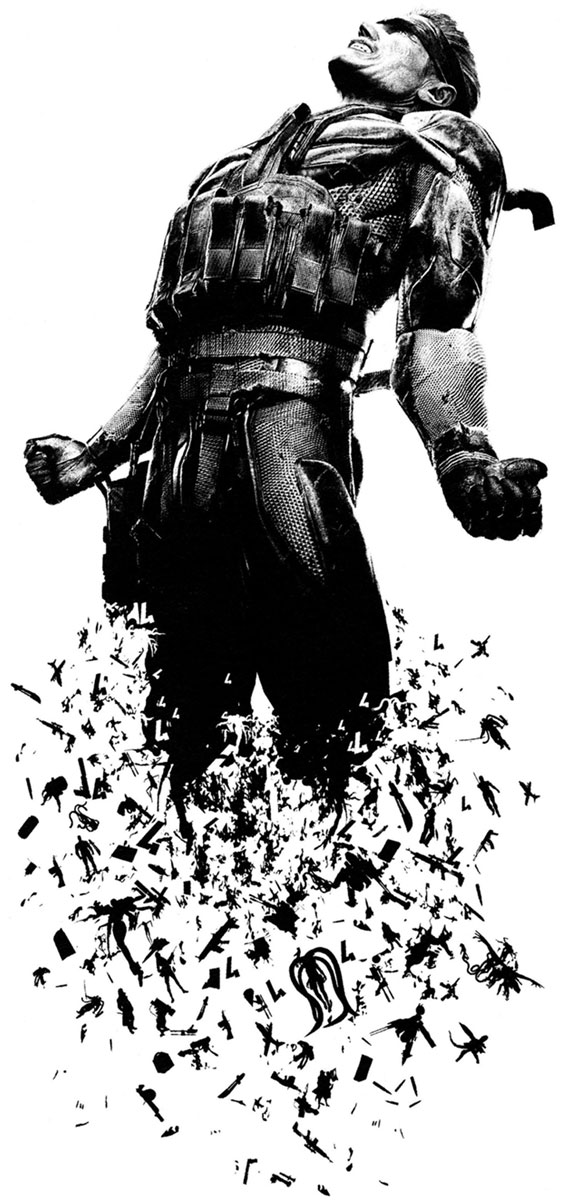 1boy dissolving greyscale highres konami male_focus metal_gear_(series) metal_gear_solid_4:_guns_of_the_patriots monochrome official_art official_wallpaper old_snake snake solid_snake solo vulcan_raven