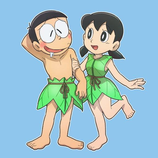 bad_tag bare_legs barefoot black_hair blush child corocoro doraemon feet glasses hair_tie kwmr_tomonari leaf leaf_clothing leg_lift legs minamoto_shizuka nervous_smile nobi_nobita shin-ei_animation short_hair smile toes twintails